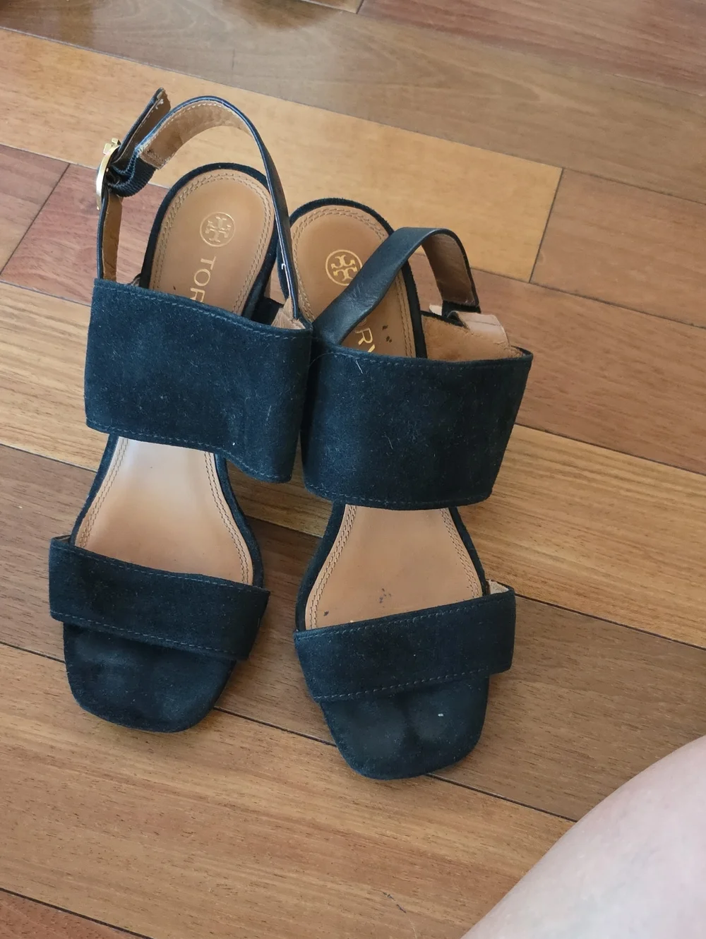 Tory Burch Black Suede Wide-Strap Slingback Sandals
